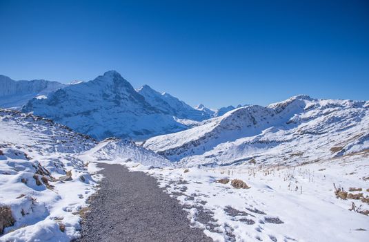 first mountain and the snow peaks of Jungfrau region grindelwald switzerland