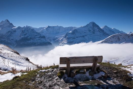 first mountain and the snow peaks of Jungfrau region grindelwald switzerland