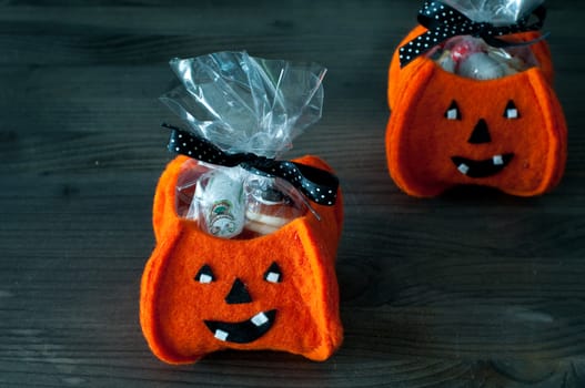 Halloween pumpkins filled with candy