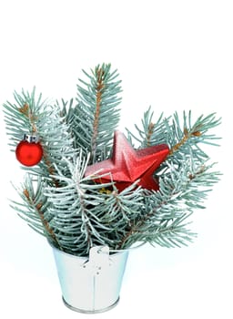 Bunch of Spruce Branches with HoarFrost, Red Bauble and Red Star Shape in Tin Bucket isolated on white background