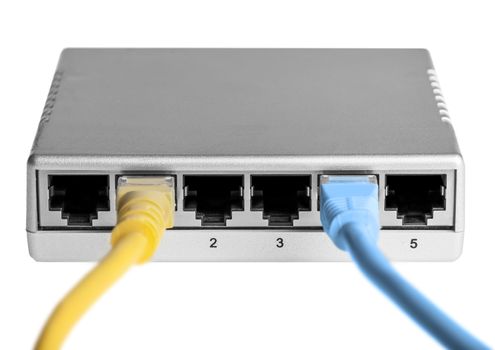 router with wires closeup on a white background