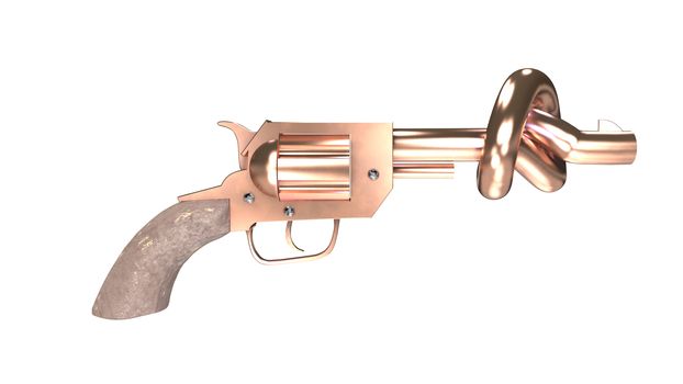 This picture shows a revolver with a knot shaped barrel that stops bullets. Disarm and peace concepts.