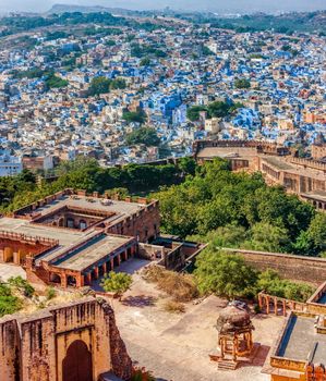  Jodhpur, Mehrangarh Fort and Blue City. View from Mehrangarh Fort. Rajasthan, India, Asia

