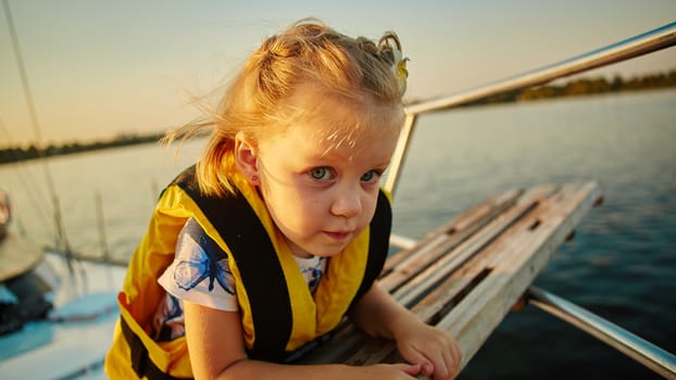 Little girl enjoying ride on yacht at sunset