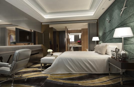 Photorealistic 3d rendering of the hotel room interior