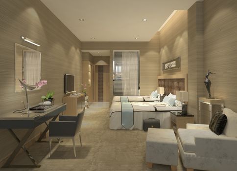 Photorealistic 3d rendering of the hotel room interior