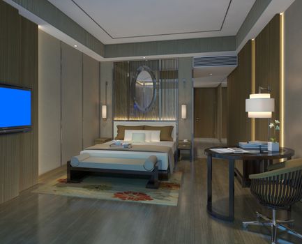 Photorealistic 3d rendering of the hotel room interior