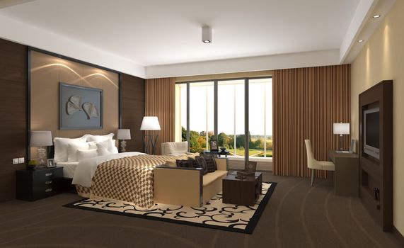 Photorealistic 3d rendering of the hotel room interior