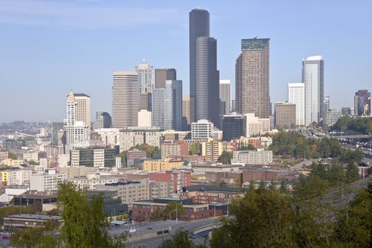 Seattle downtown buildings architecture and freeways Washington state.