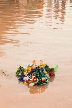 Floating Hindu God Idol Ganesh after Immersion (Ganpati Visharjan) at The Ganges River, 27 Sep 2015, Kanpur, INDIA