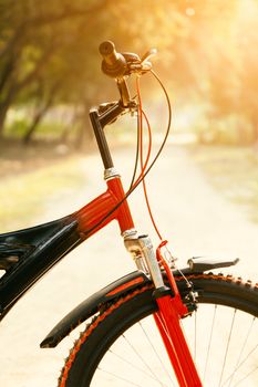 Close up of front part of red and black mountain bicycle with morning sun.