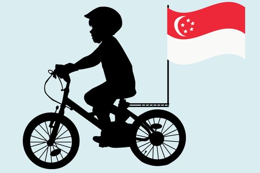 A kid silhouette rides a bicycle with Singapore flag