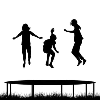 Children silhouettes jumping on garden trampoline