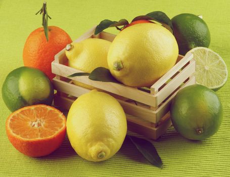 Heap of Various Citrus Fruits with Lemons, Oranges, Tangerines and Limes Full Body and Halves in Wooden Box closeup on Green Napkin background. Retro Styled