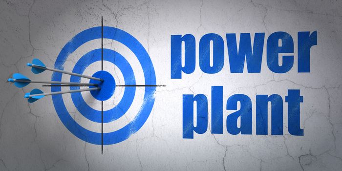 Success Industry concept: arrows hitting the center of target, Blue Power Plant on wall background