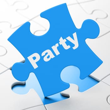 Holiday concept: Party on Blue puzzle pieces background, 3d render