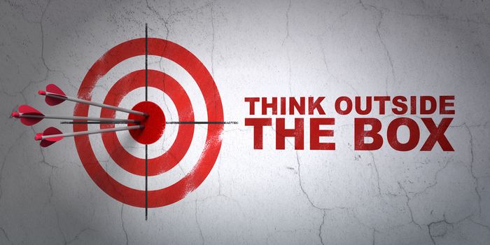 Success Studying concept: arrows hitting the center of target, Red Think outside The box on wall background