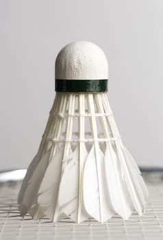Shuttlecock on Badminton Racket close up with grey background.