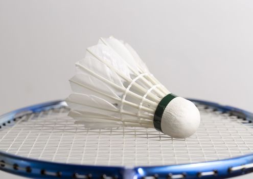Shuttlecock on Badminton Racket close up.