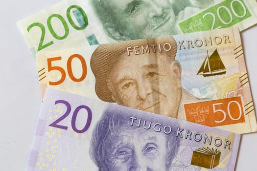 Swedish Currency New 20, 50, 200 note Close up. Introduced in 2015.
