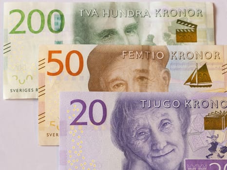 Swedish Currency New 20, 50, 200 note Close up. Introduced in 2015.