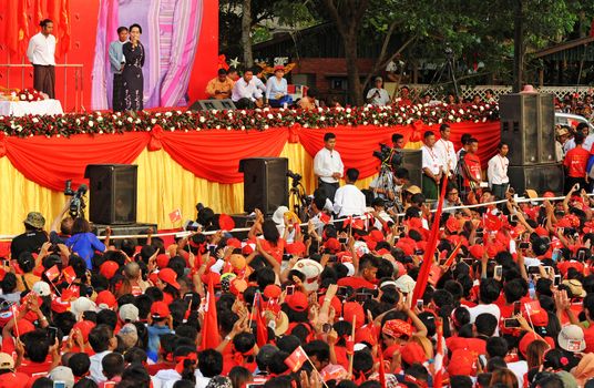 MYANMAR, Yangon : Tens of thousands of people gathered in Yangon on November 1st, 2015 in support of opposition leader of the National League for Democracy party and Nobel Peace Prize Aung San Suu Kyi, one week before general elections. 