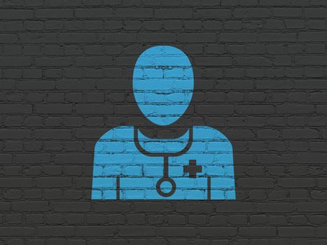 Medicine concept: Painted blue Doctor icon on Black Brick wall background