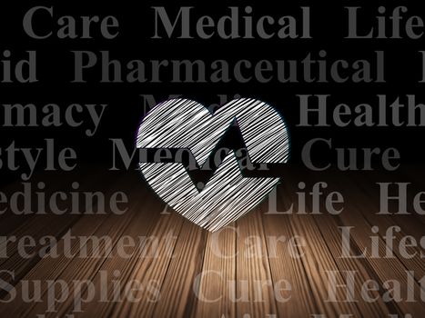 Health concept: Glowing Heart icon in grunge dark room with Wooden Floor, black background with  Tag Cloud