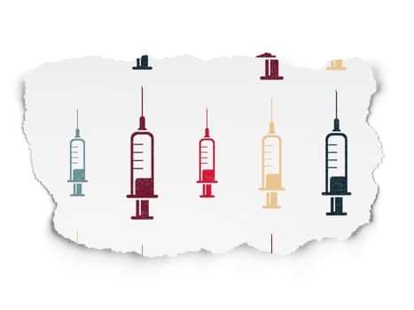 Medicine concept: Painted multicolor Syringe icons on Torn Paper background