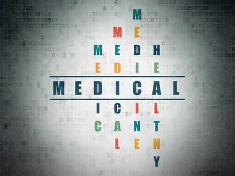 Health concept: Painted blue word Medical in solving Crossword Puzzle on Digital Paper background