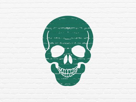 Health concept: Painted green Scull icon on White Brick wall background