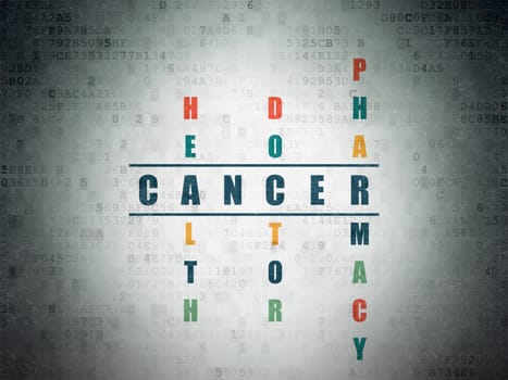 Healthcare concept: Painted blue word Cancer in solving Crossword Puzzle on Digital Paper background