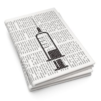 Medicine concept: Pixelated black Syringe icon on Newspaper background