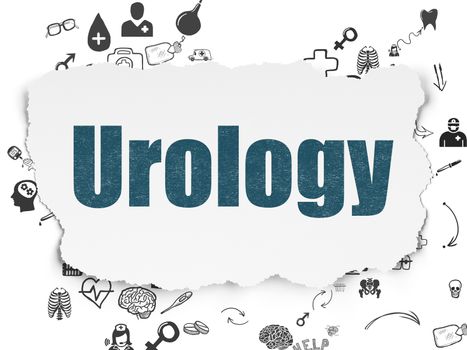 Health concept: Painted blue text Urology on Torn Paper background with Scheme Of Hand Drawn Medicine Icons