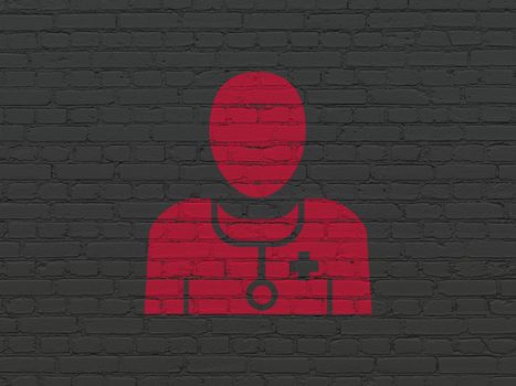 Healthcare concept: Painted red Doctor icon on Black Brick wall background