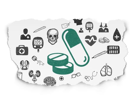 Health concept: Painted green Pills icon on Torn Paper background with  Hand Drawn Medicine Icons