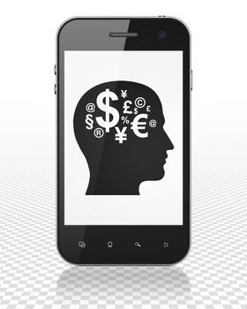 Advertising concept: Smartphone with black Head With Finance Symbol icon on display