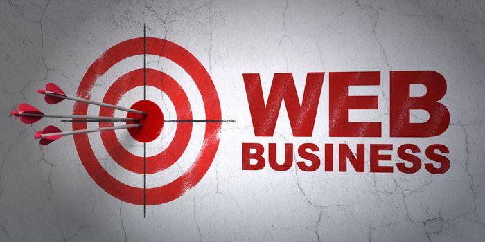 Success web design concept: arrows hitting the center of target, Red Web Business on wall background