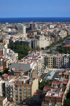 View over the city Barcelona to the ocean