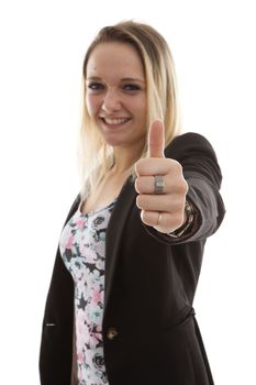 Young business woman with thumbs up  over white background