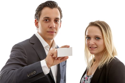 young business couple holding empty card for your own text over white background