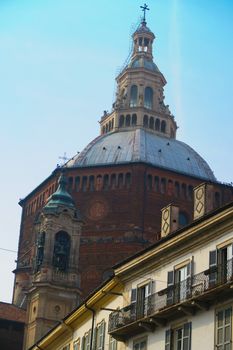 Pavia,Italy, 25 october 2015.Imposing dome of the cathedral of Pavia, Italy. It was built between 1882 and 1885 by Carlo Maciachini.The dome, with an octagonal plan, is 97 m tall, with a total weight of some 20,000 tons. It is the fourth in Italy in size, after St. Peter's Basilica, the Pantheon and the Cathedral of Florence.