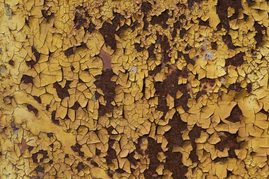 The texture of cracked paint on the rusty wall.