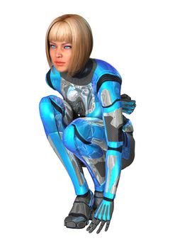 3D digital render of a female cyborg isolated on white background