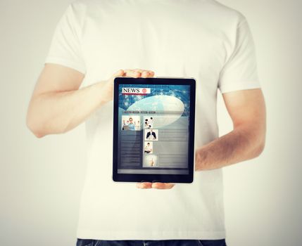 business, technology, internet and news concept - man showing tablet pc with news app