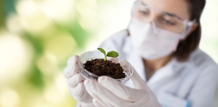 science, biology, ecology, research and people concept - close up of young female scientist wearing protective mask holding petri dish with plant and soil sample over green background
