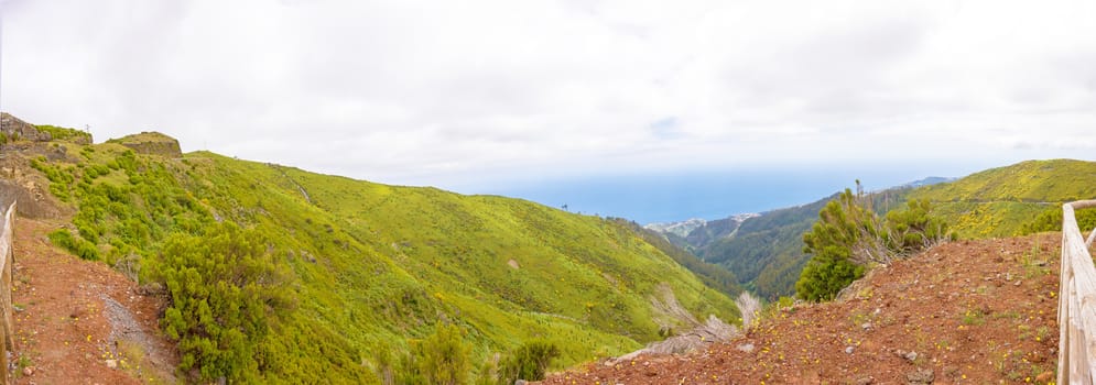 In the mountainous west of Madeira, Portugal - panorama view towards the Atlantic Ocean, villages Jardim do Mar and Paul do Mar