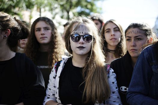 GREECE, Athens: Thousands of student-protesters fill the streets of Athens, Greece on November 2, 2015. The young demonstrators yell chants and carry signs as they rally against cuts to education and a shortage of teachers, amid ongoing protests against austerity in Greece. Reports from local media indicate that a contingent had broken off from the larger protest, vandalizing a cell phone store, and trying to damage a bank on Othonos, a street in Athens.