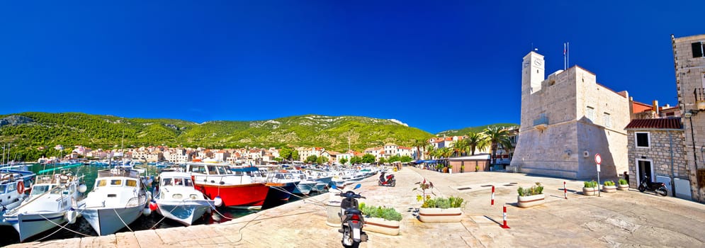Town of Komiza panoramic waterfront view, Island of Vis, Croatia