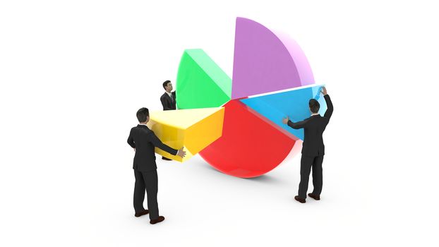 Business men are assembling a pie chart. Everyone contributes to the development of graphic data.
